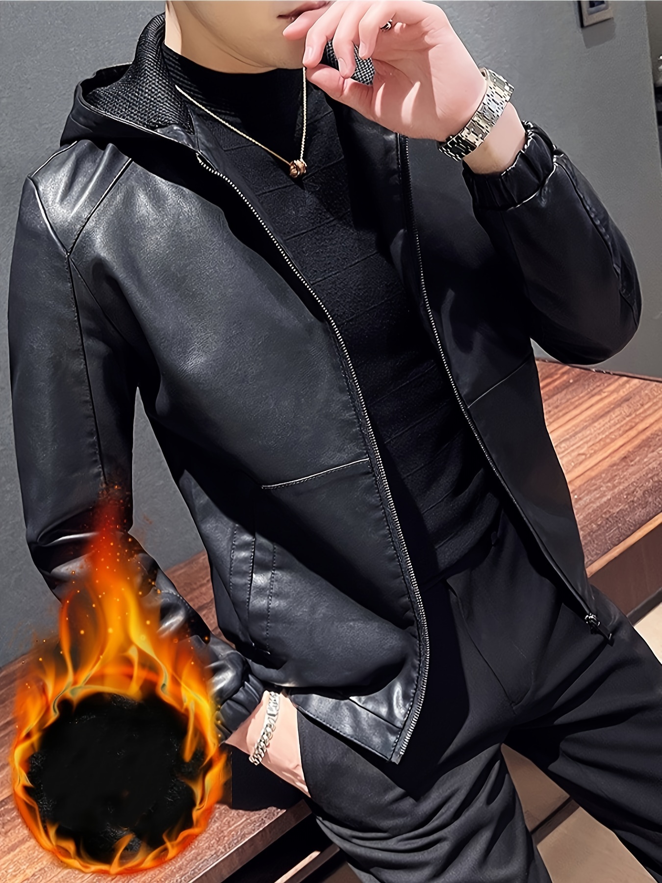 herren schwarzes kunstleder motorradjacke kapuze winddicht Temu