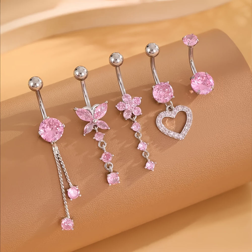 TEMU 5pcs Copper Belly Button Ring Chain - Flower Hoops With Synthetic Stones, Copper Belly Button Piercing Jewelry For &, Belly Button Piercing Gift