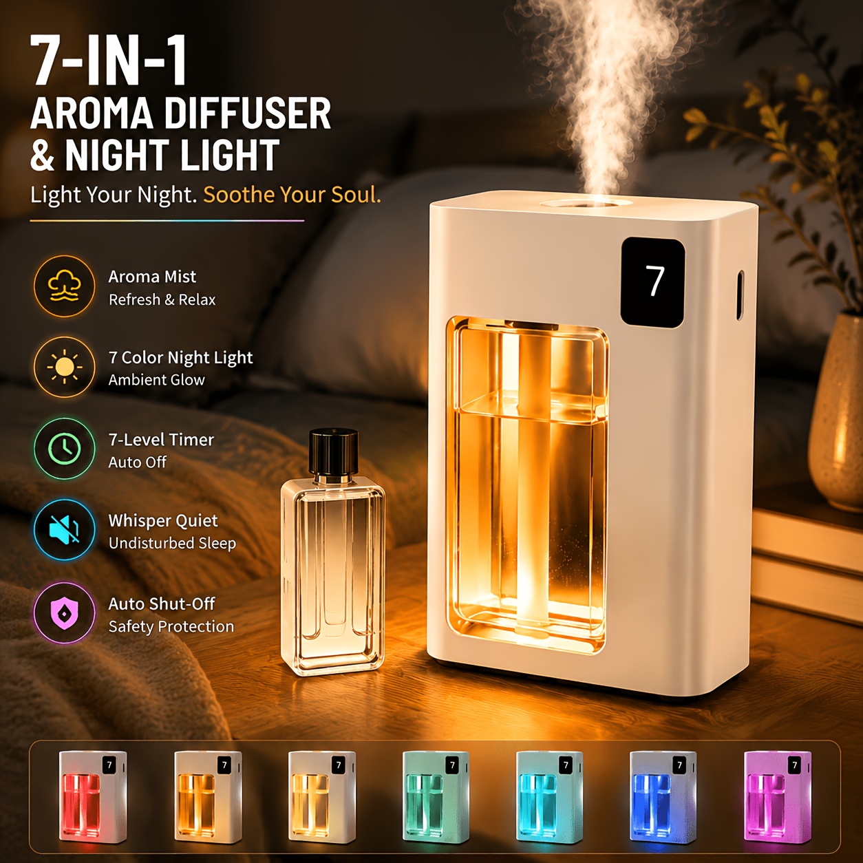 TEMU 3-in-1 Diffuser & Humidifier With Colorful Led Night Light, Auto Mist Spray Essential Oil Diffuser, Portable Mini Air Moisturizer, Home