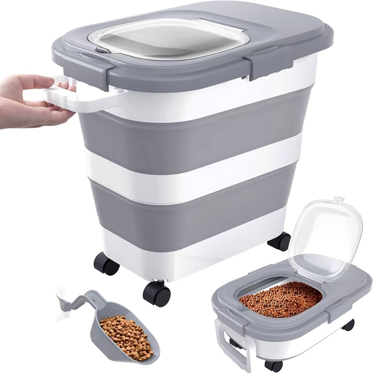 Image of 10-18kgs Large Airtight Dog Food Storage Container, Collapsible Dog Food Container With Lid, Wheels, Handle, Large Pet Food Storage Container With Scoop, Small Food Container For