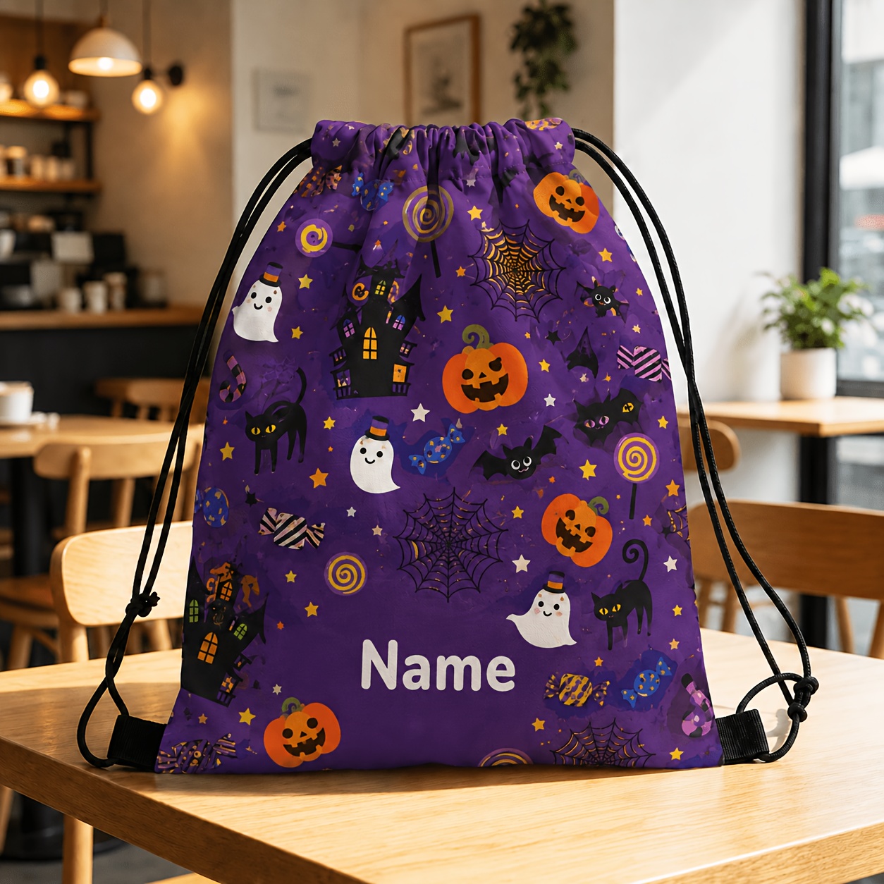 TEMU Halloween Theme Drawstring Bag With Custom Name, Polyester And Material Storage Bag, Drawstring Closure Dust-proof Portable, Creative Holiday