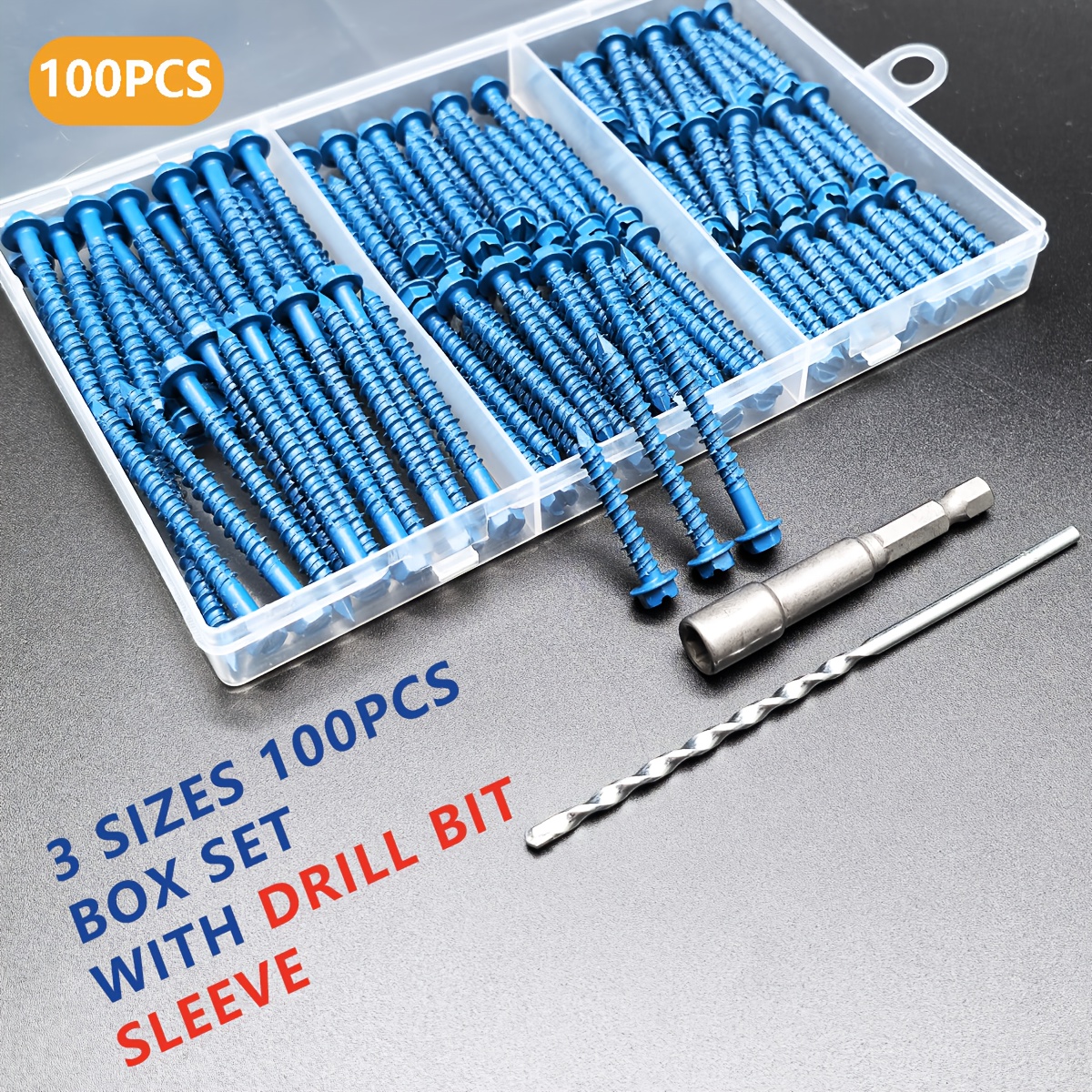 TEMU 3 Sets Of 100pcs Heavy-duty Concrete Screws, Hex Head, Blue -coated Rust-proof, 3/16", For Hanging, Including 1 Drill Bit And 1 Socket,