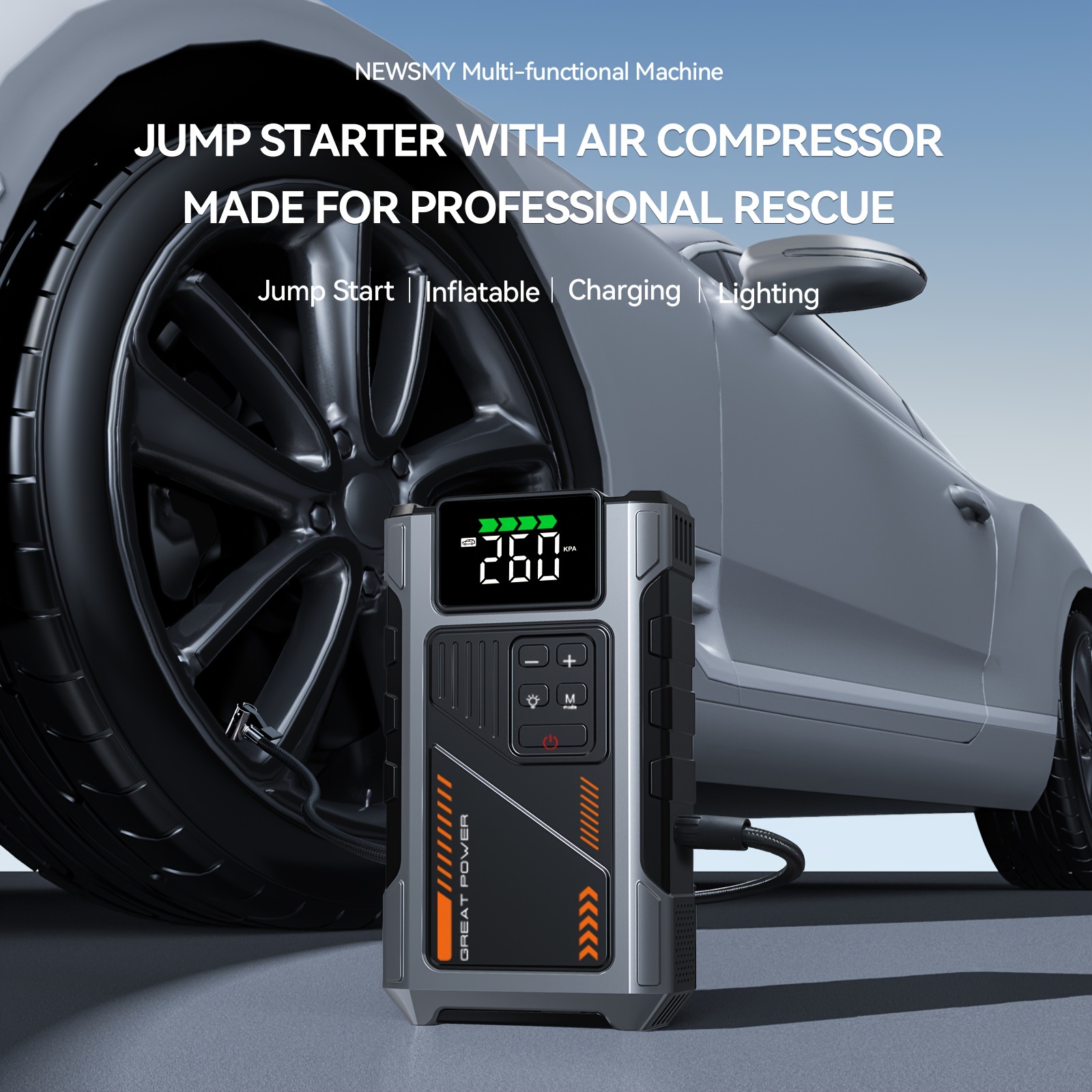 

2500a Portable Car Jump With Air Compressor - 150 Psi Tire Inflator, 12v Car Battery , Led Light, And Multi-functional Power Bank For 8.0l Gas And 6.5l Diesel Vehicles