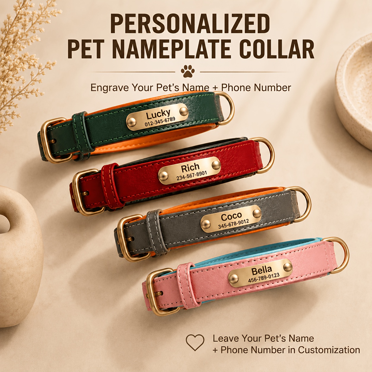 Personalized Faux Leather Dog Collar with Adjustable ID Tag