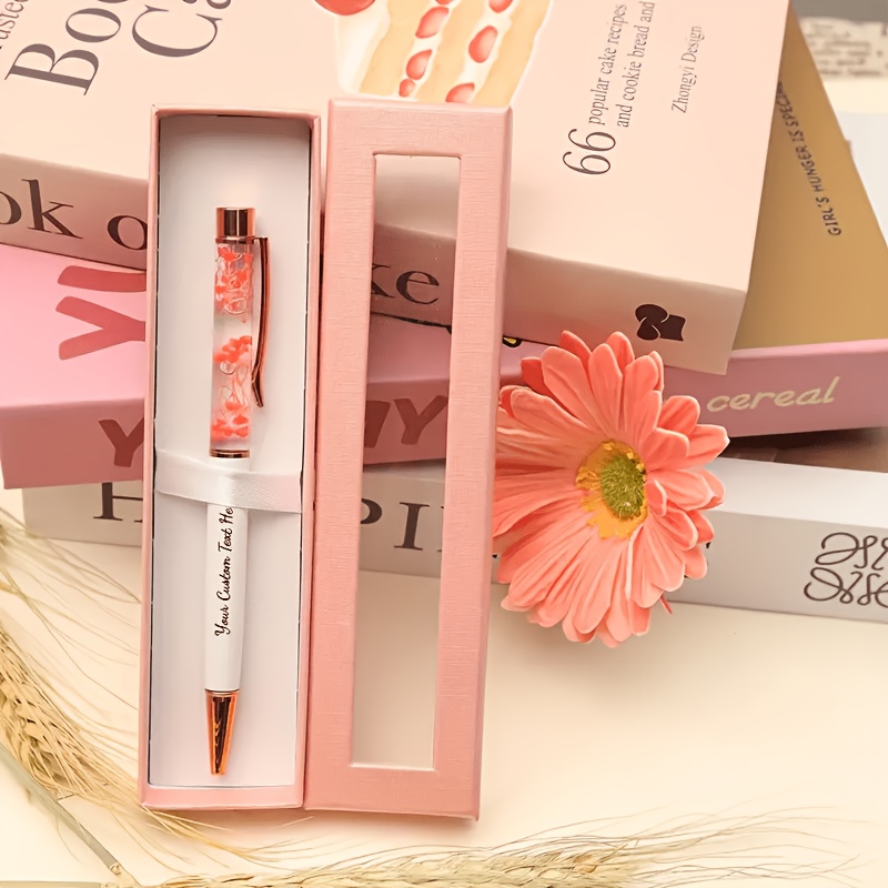 TEMU 1pc Pink Liquid Flower Custom Engraved Metal Black Ink Pen, Name Engravable, Suitable For Valentine's Day, Halloween, Christmas, Corporate