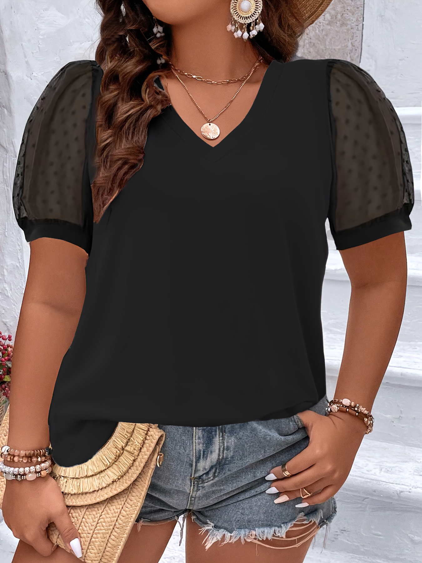 Plus Size Mesh Stitching T-Shirt, Casual V Neck Short Sleeve T-Shirt, Women's Plus Size?Clothing