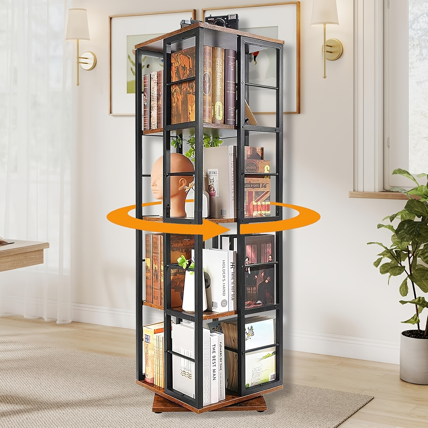 1 X 360° Rotating Bookcase, 4 Shelves, 137 Cm High, - Storage Unit Suitable For The Living Room, Bedroom, And Office, With A