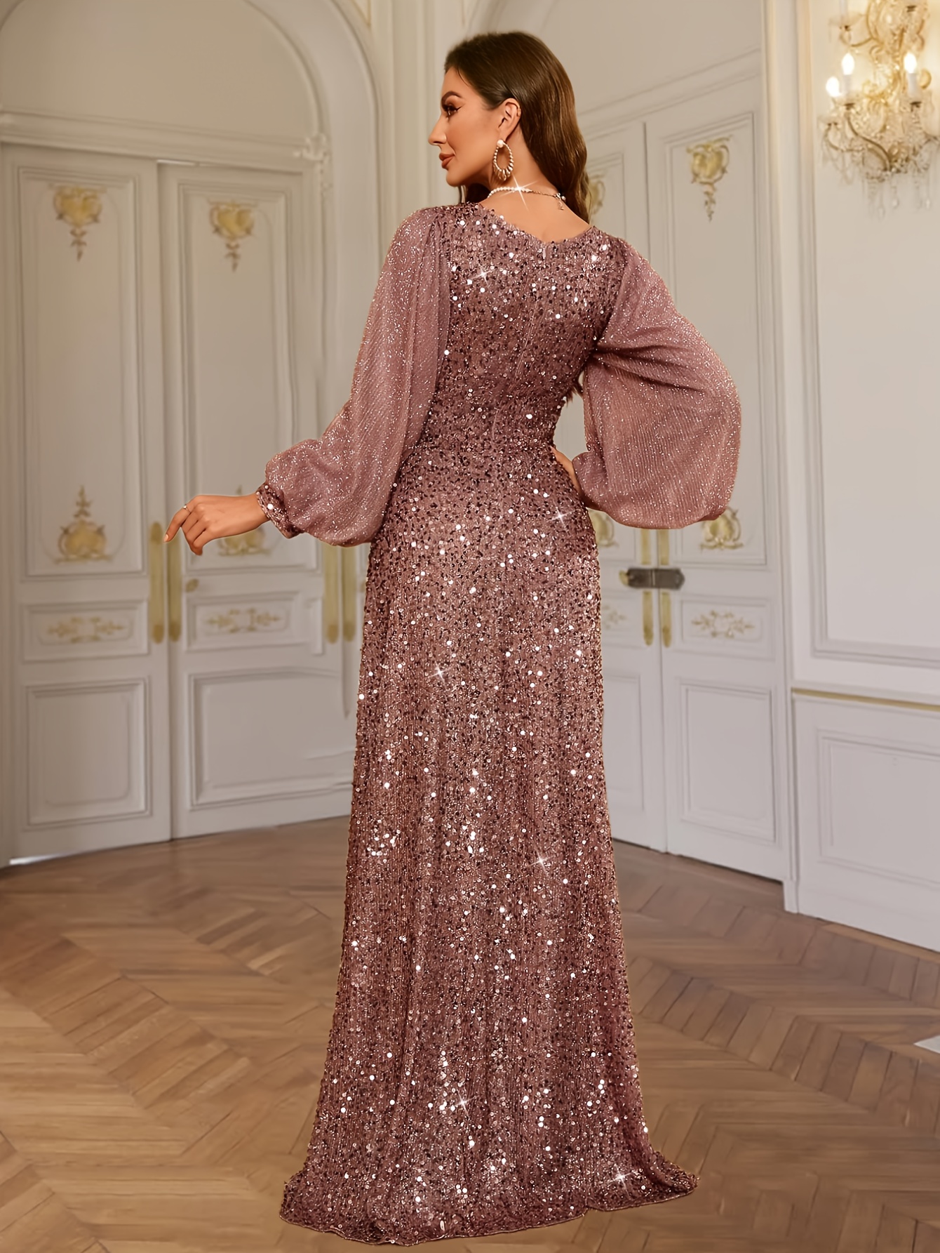 knee length dresses for ladies Plus Size V-Neck Sequin Maxi Dress