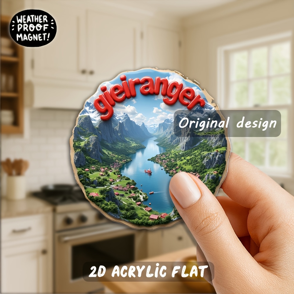 TEMU 1pc Geirangerfjord Magnet Suitable For Kitchen Decor, Travel Souvenir With Base - 3.15-inch Round Fridge Magnets For Norway-themed Gifts,