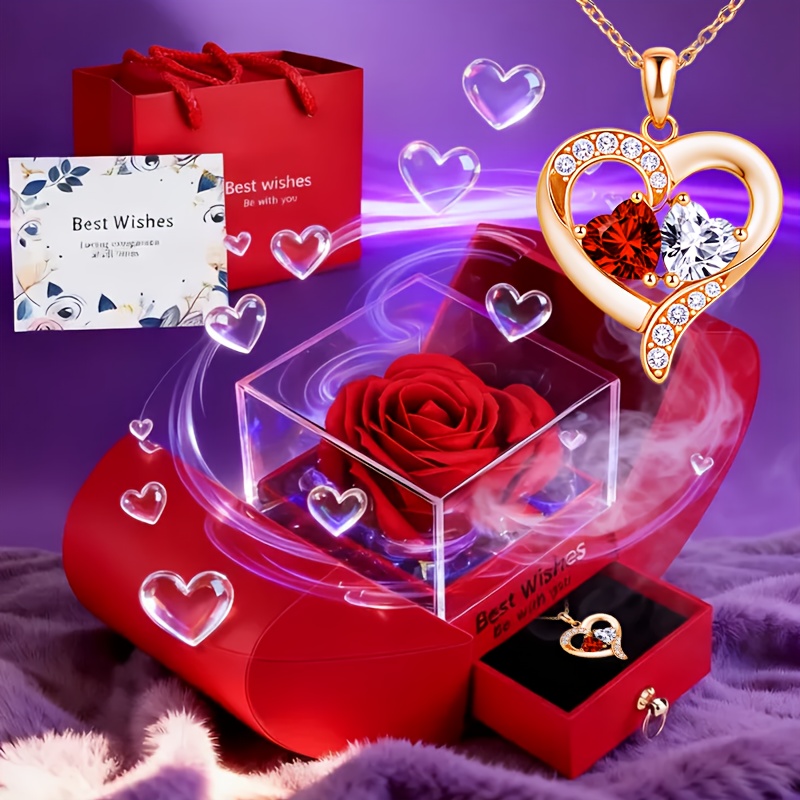 Elegant Light Luxury Artificial Rose Gift Box with Heart Necklace - Perfect for Wife, Lover, Friend or Bestie | Christmas Present Idea, Party Favor & Celebration Keepsake, Romantic Gesture, Stylish Accessory, Metal Jewelry, Durable Material, Sentimental Jewelry