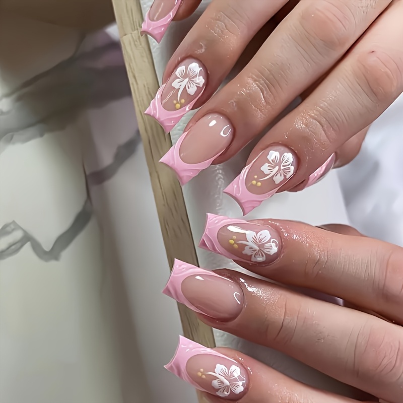 E-shop Ein Set aus 24 kurzen, quadratischen Falschen Nägeln, Pink, kristallklare , süße und liebreizende Blütenfäden, geeignet für alle Damen und. Die