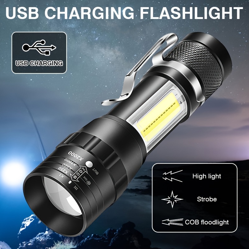 

Led Flashlight With Side Light, Usb Charging, 3 Light Modes, Zoom, Portable Outdoor Household Small Flashlight