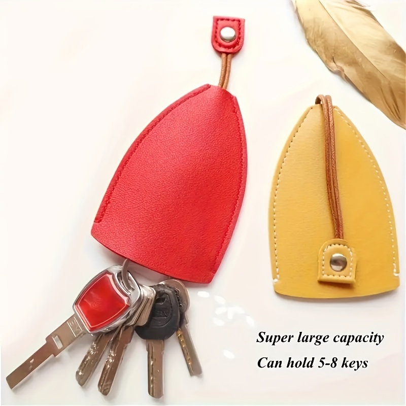 

Large Capacity Leather Car Key Holder - Cute Pull-out Design With Snap Closure & Keyring Hook, Organizer For 5-50 Keys, Red/yellow, Car Keychain