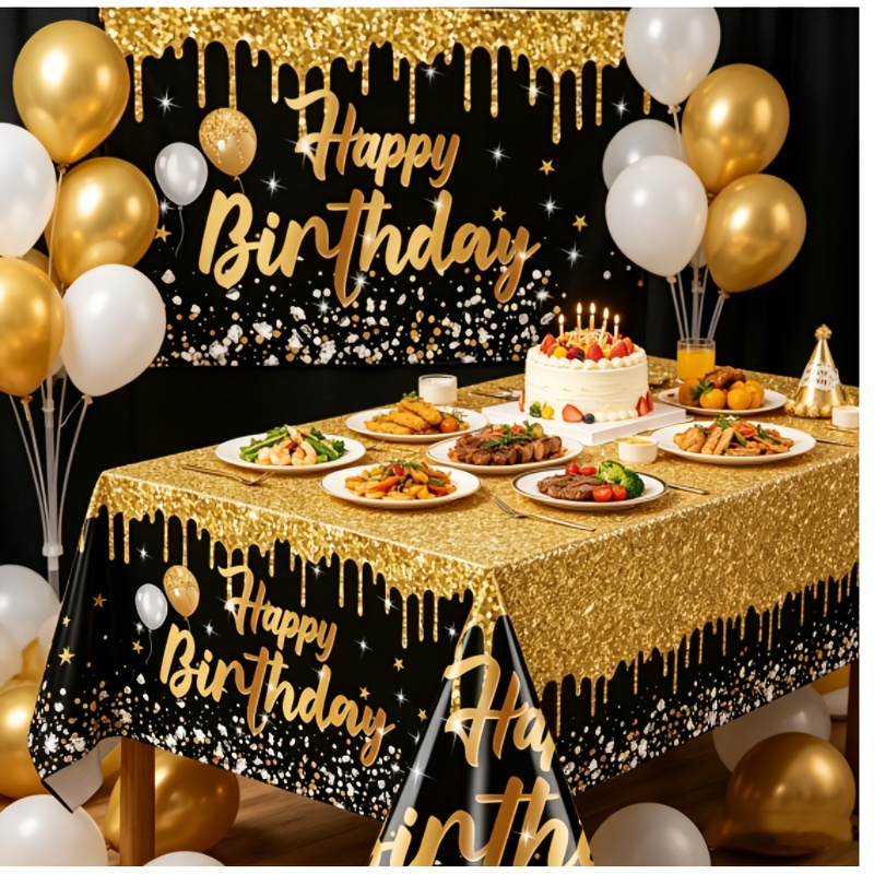 TEMU Halloween, Christmas, 1pc Black And Golden Happy Birthday Party Tablecloth