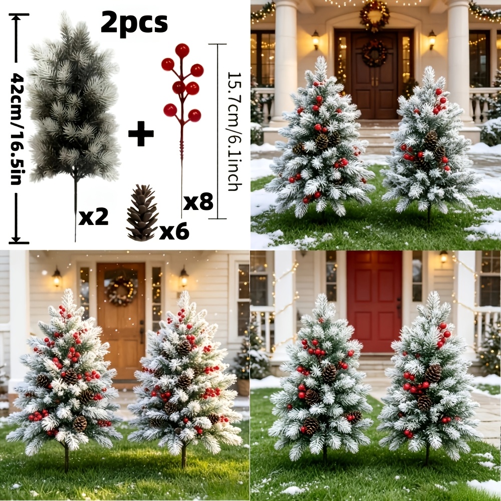 TEMU 2 Extra-large Artificial Cedar Christmas Trees + 8 Poinsettia Red Berries + 6 Pine Cones, 2 Sets - Outdoor/indoor Shrubs, Suitable For Gardens,