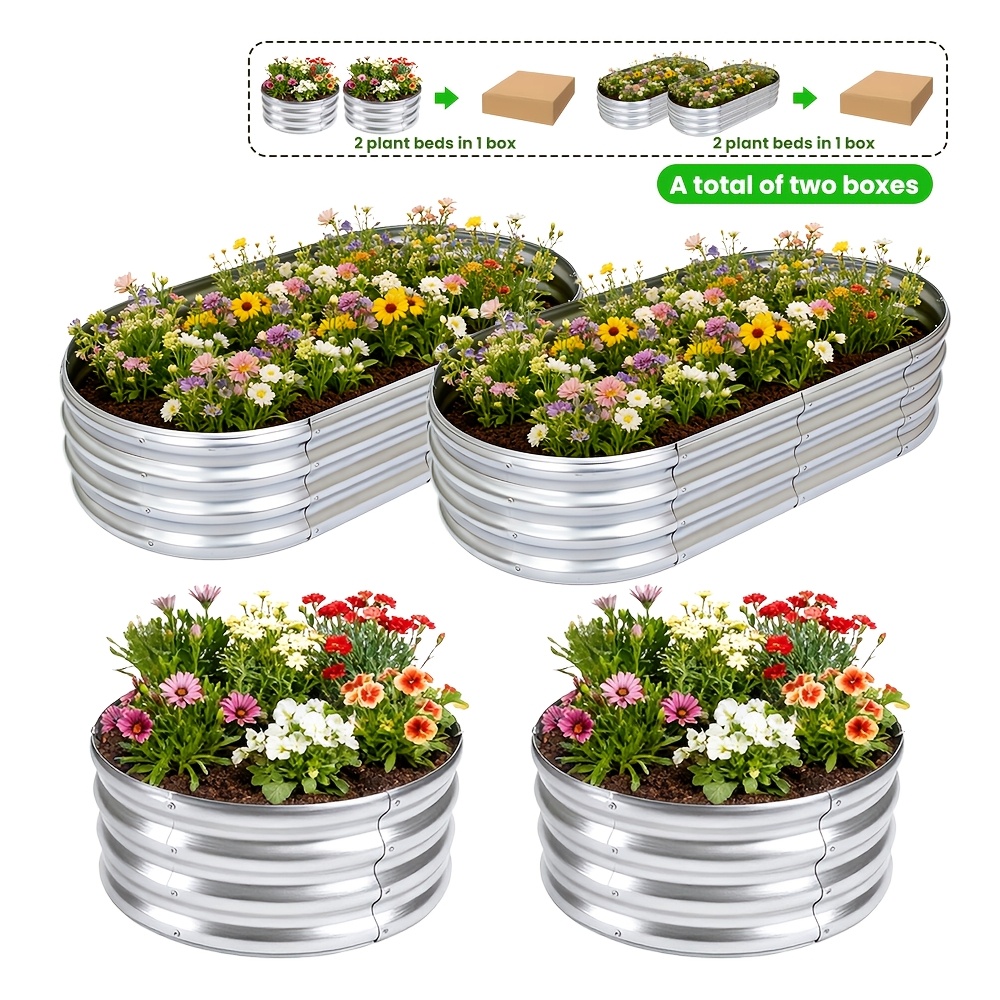 TEMU ["Bordure de Jardin Galvanisée] 2pcs 4X2X1Ft & 2pcs 2X2X1Ft Bordure de Jardin Surélevée en Métal, Jardinière Ovale Galvanisée d'Extérieur pour
