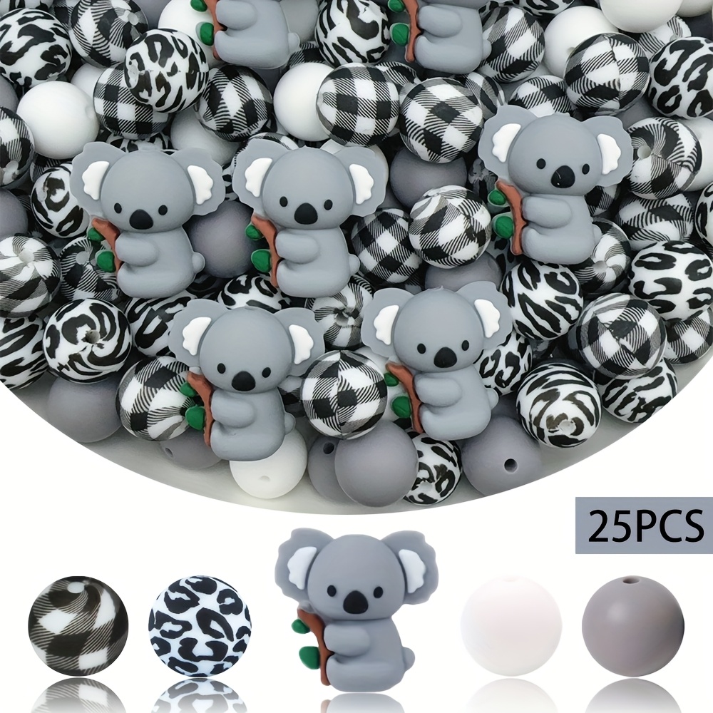 TEMU 25pcs Silicone Beads 3d Koala Silicone Shaping Loose Beads Multicolor Leopard Print Palm Print Pattern Colored Round Beads Suitable For Jewelry
