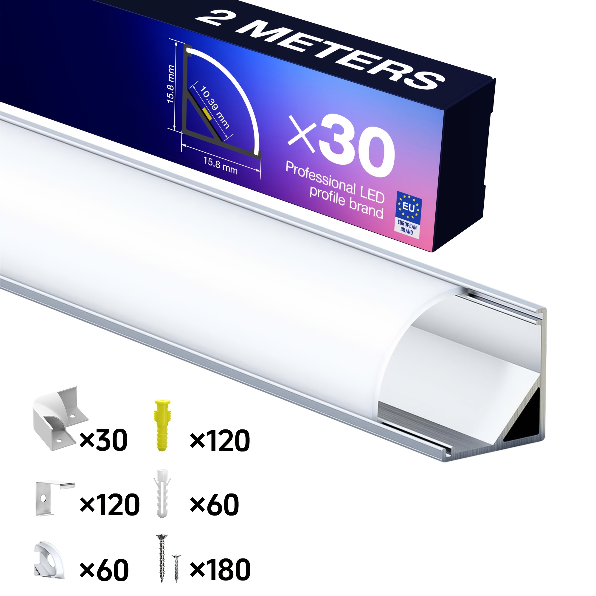Image of 2m Led Aluminum -shaped 90-degree Angle, 15.8mm Profile, With Diffuser Cover, Suitable For Led Strip Lights With A Width Of 10mm, Corner Ceiling Lighting Housing