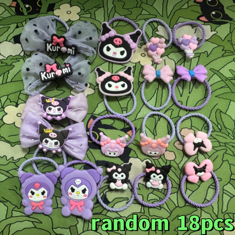 Image of 18pcs Kuromi, Hello Kitty, Yuguigou, Melody Style Elastic Headbands Set | Bow Flower Hip-hop Style | Colorful Fabric Headwear | Cute Fashion Additions (random Style)