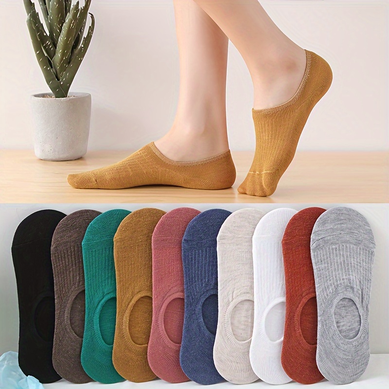 

10pcs Plus Size No-show Socks For Women - Comfortable, Breathable Polyester , Solid Colors, Elegant Style