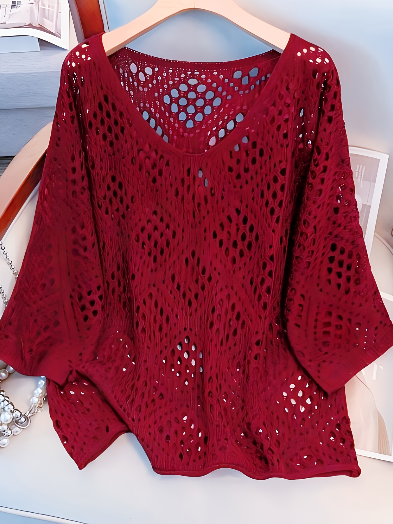 plus size plus size womens paisley loose fit elegant hollow out round neck pullover long sleeve sweater