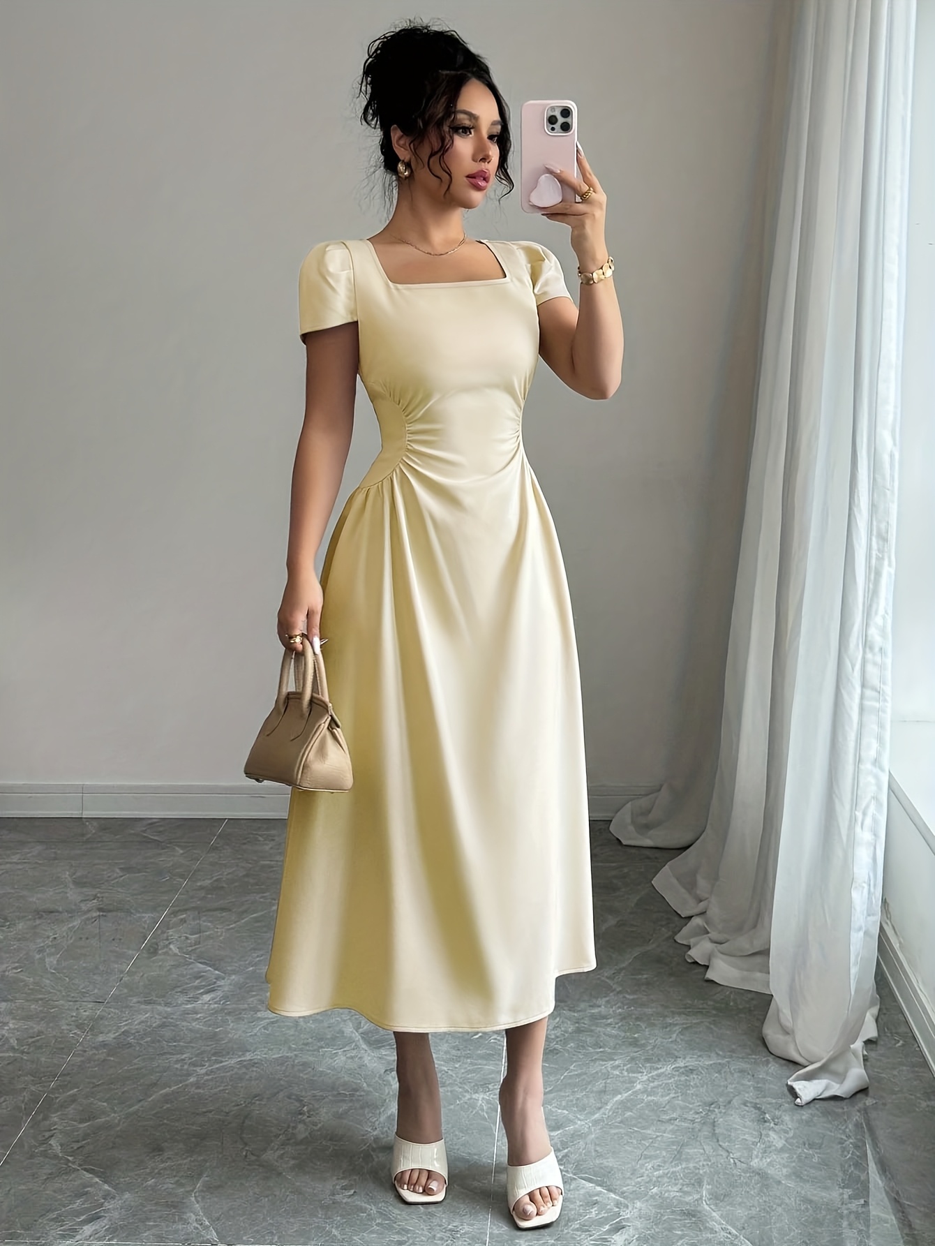 elegant solid neck waist tied casual formal