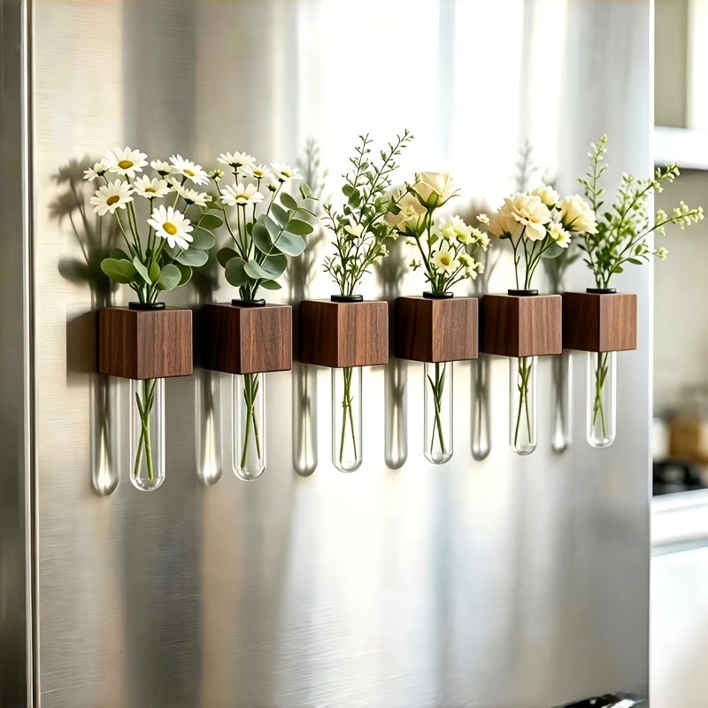 TEMU 6pcs Wall-mounted Test Tube Vase Set With Solid Wood Base And Plastic Round Tubes, Wall-mounted Refrigerator Flower Holder, Suitable For Small