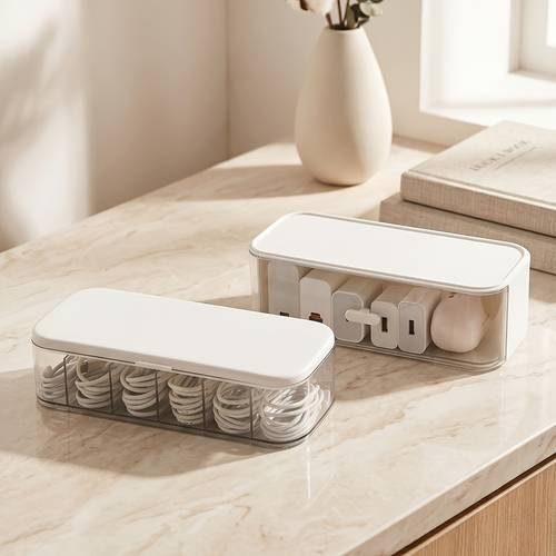 item picture 2pcs set desktop cable management box stackable data cable storage box with lid transparent desktop wire storage box 7 compartments dust proof drawer type charger storage large capacity suitable for cables headphones batteries