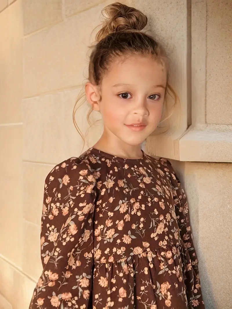 young girl's long brown dress flowers short ruffled sleeves Kids short sleeve dresses
