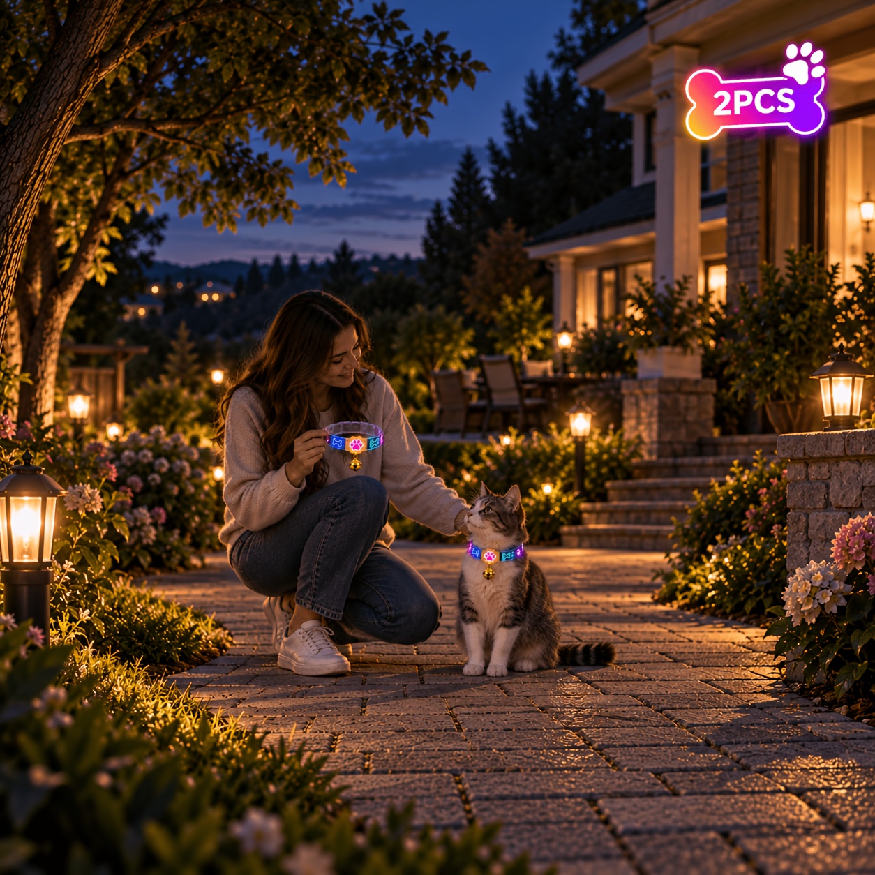TEMU 2pcs Pet Luminous Collar, Reflective Breakaway Cat Collars With Bells, Adjustable Collar Set With, Night Luminous Cute/luminous With Paw