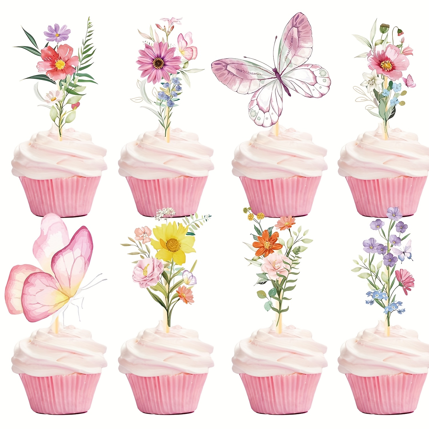 Image of 16pcs Birthday Party Decorations And Flower Cupcake Toppers Floral Cupcake Picks Decoration