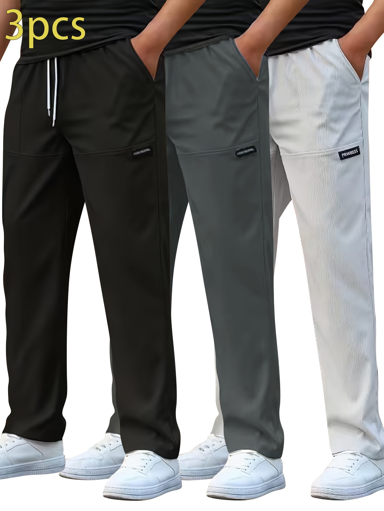 3pcs mens lightweight casual pants straight leg drawstring waist solid color black gray summer workwear machine washable details 16