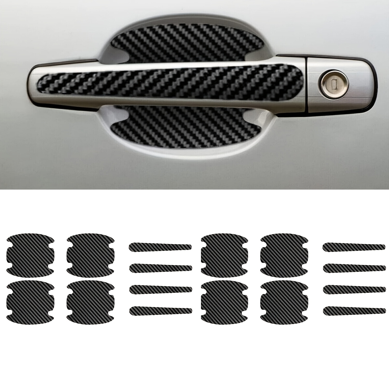 Image of 16pcs Car Door Handle Scratch Protector Set, Carbon Fiber Door Handle Cup Stickers, Car Door Handle Paint Protection Covers, Automotive Door Handle Protective Film