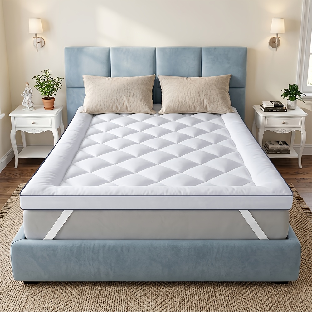 9cm Premium 1200 Gsm Mattress Topper, Dual Structure-microfiber+sponge, Filled With Microfiber & Sponge Microfiber Cover With Strong Elastic Straps, Breathable Durable, Bed Topper For Box Spring Bed &