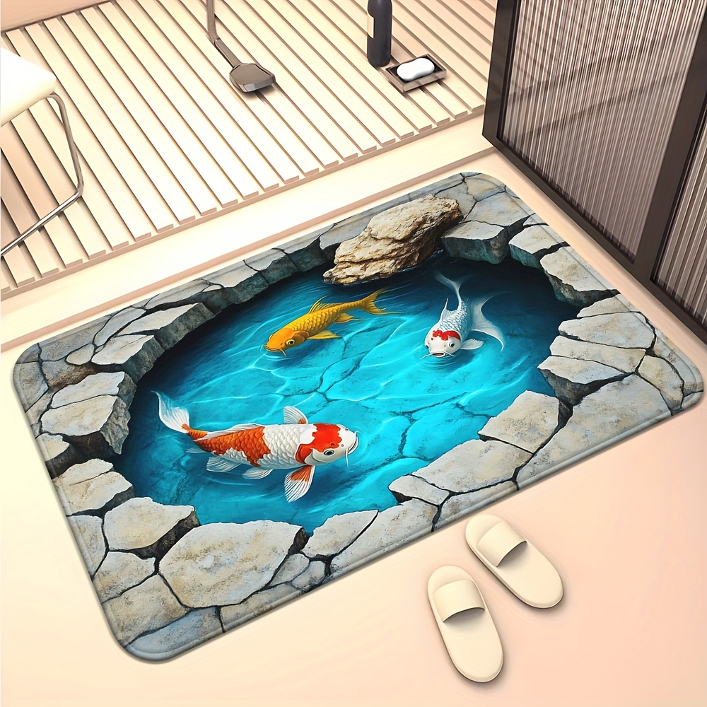 TEMU 3d Illusion Koi Mat - Non-slip, Fiber, Absorbent, Machine Washable Polyester Material | Suitable For Bathroom, Bedroom, Living Room Entrance |