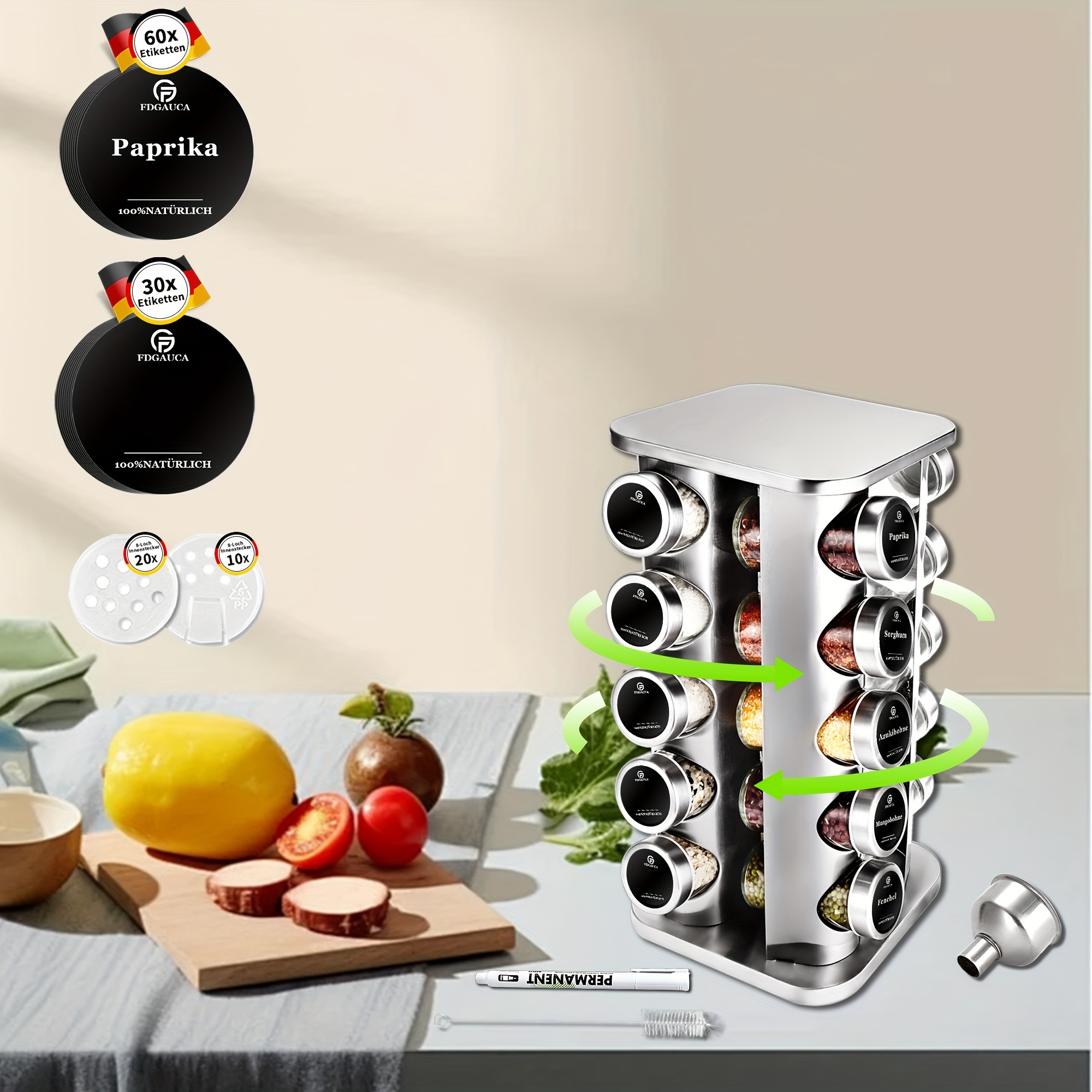 TEMU 1pc 360Â° Rotating Vertical Spice Rack, Stainless Steel Spice Turntable Organizer With 20 100ml Round Spice Jars With Stainless Steel Lids,