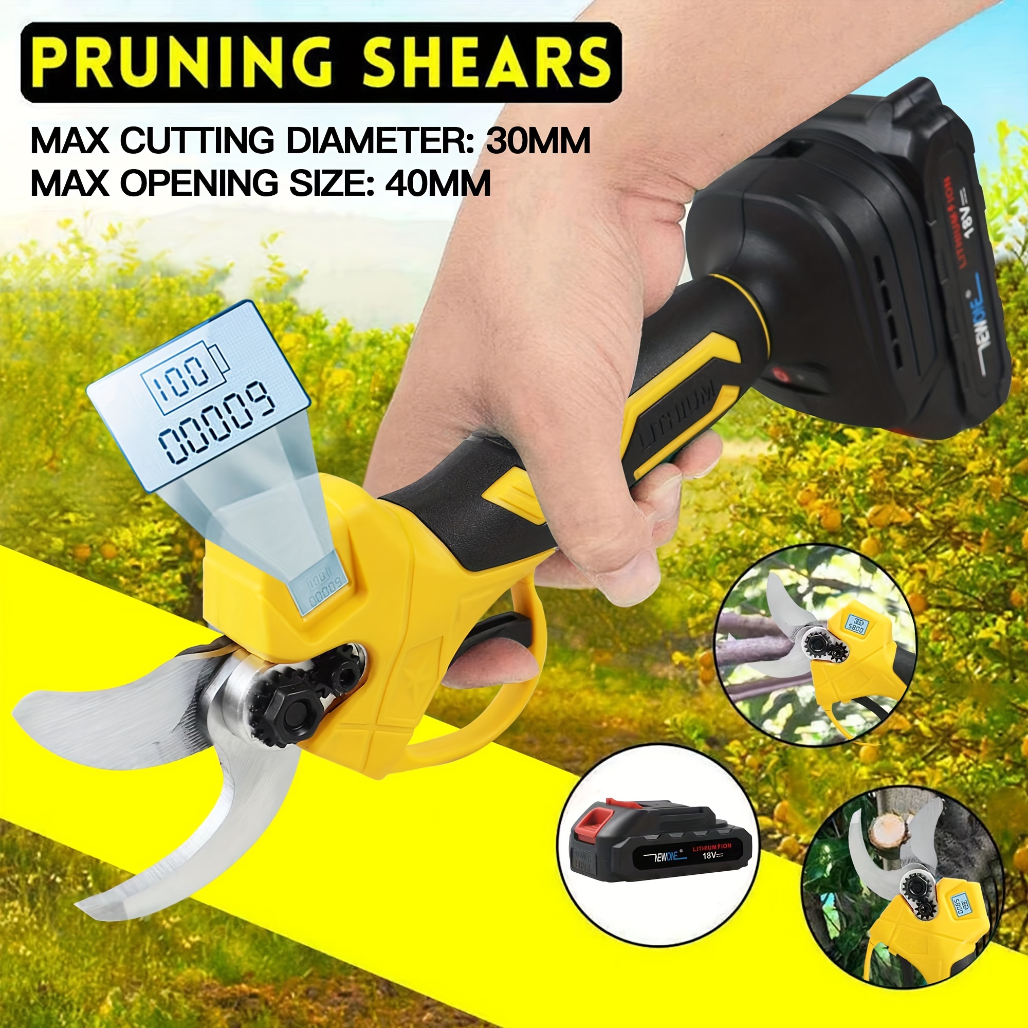 

18v Newone Cordless Fruit Pruning Shears, Garden Shears Branch Trimmer Pruning Scissor, Prunner With Lcd Display Compatible Battery, Household Pruning , Universal For Men And Women, Holiday Gift