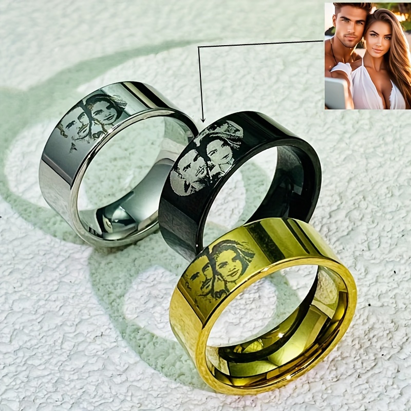 Personalized Picture Ring Engraved Custom Image Polished Durable Couple Family