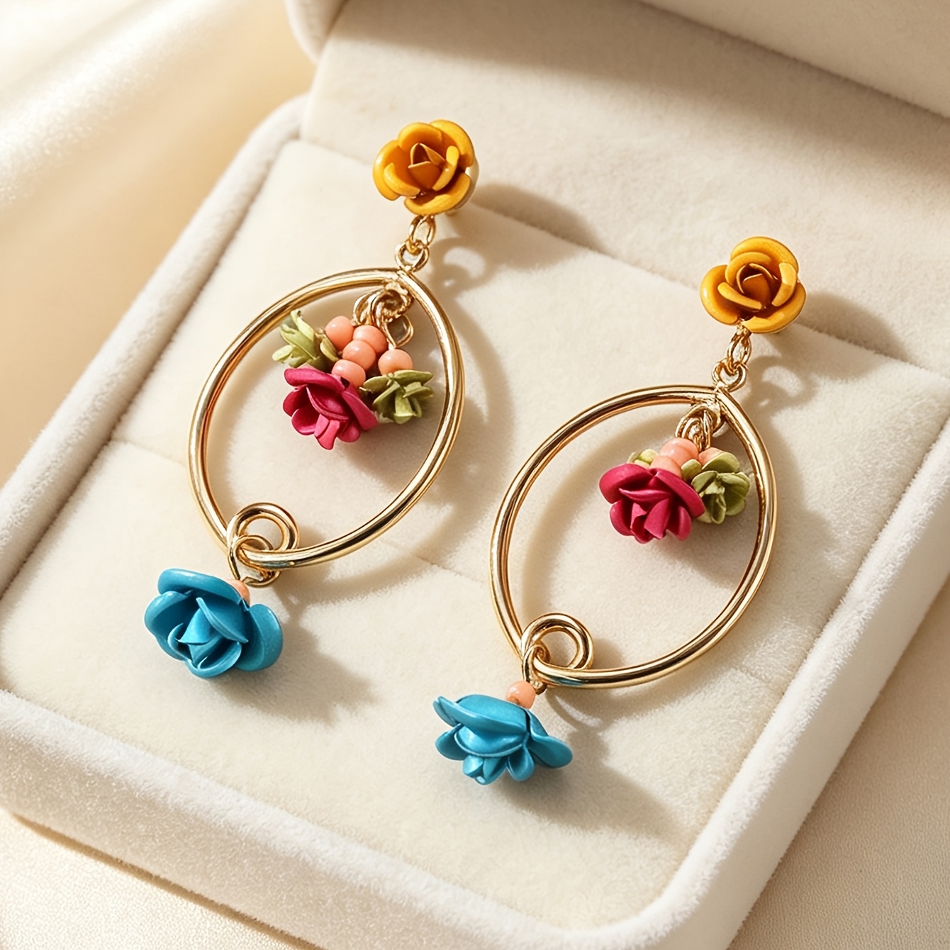 Image of 1 Pair Vintage Elegant Multicolor Metal Rose Flower Earrings Women's Holiday Birthday Date Prom Banquet Wedding Party Vacation Shopping Additions