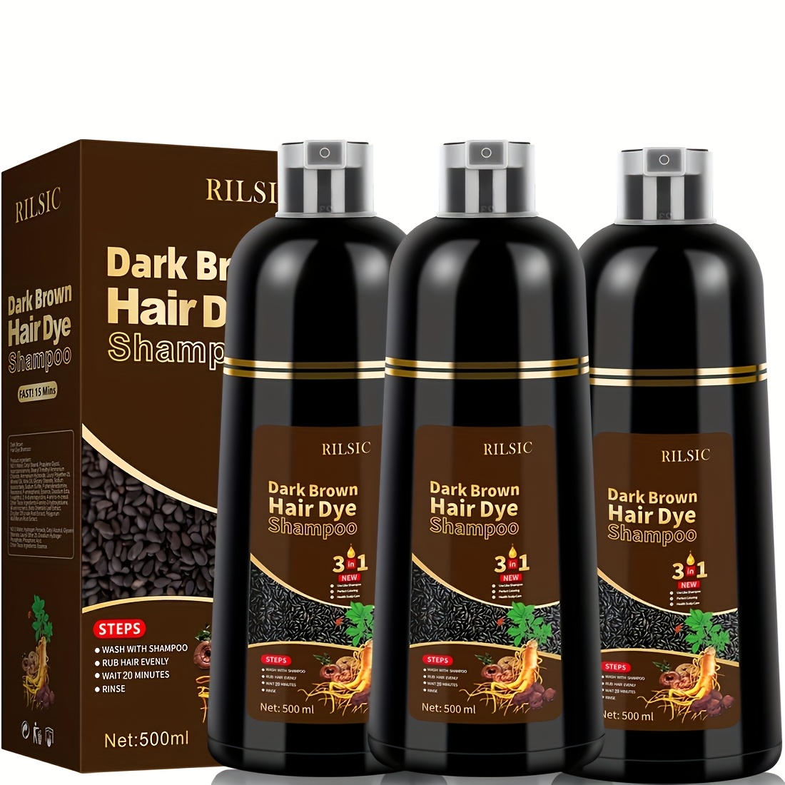 RILSIC 3pcs Hair Dye Shampoo, Quick Acting Hair Dye, Highly Coverage Of White Hair, Containing Ginseng Essence Extract, Moisturizing Hair Care - Both Male And Female Adults Can Use, Suitable for All Kinds Of Hair - Image 5