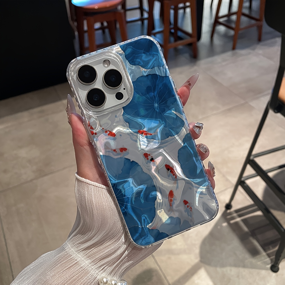 TEMU Phone Case: A Phone Case Featuring A Pattern Of Koi Fish And Blue For Lotus Flowers With A Water , For Iphone 17/17 Air/16/15/14/13/12/11 Pro