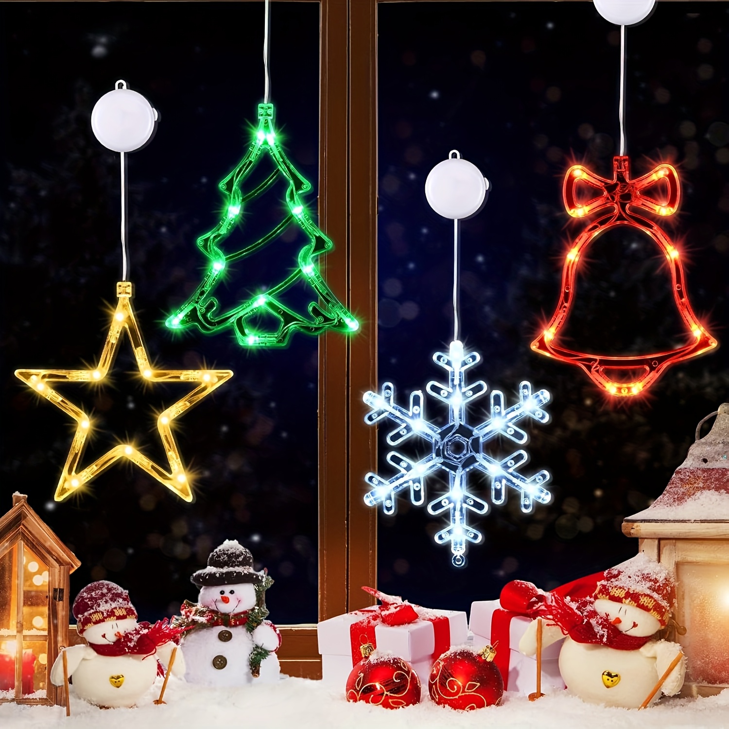 TEMU 4pcs Christmas Window Lights With Timer Function, Snowflake Christmas Tree Star Lights With Suction Cup (batteries Not Included), Window