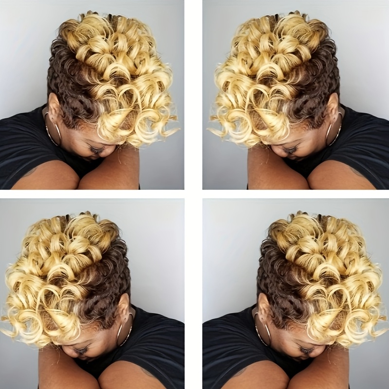 TEMU Elegant Ombre Brown & Blonde Short Curly Wig With Bangs For Women - Heat Resistant Synthetic Hair, Halloween, Christmas, And Music Festivals, Long Curly Hair Wig