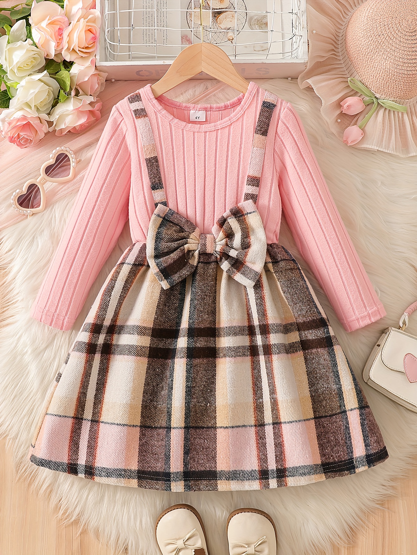 navy blue dress for baby girl Autumn And Winter Casual Dresses for Girls, Featuring a Round Neck Long  Sleeve * Two-Piece Design with a Solid Color Knitted Top And a Plaid  Patterned