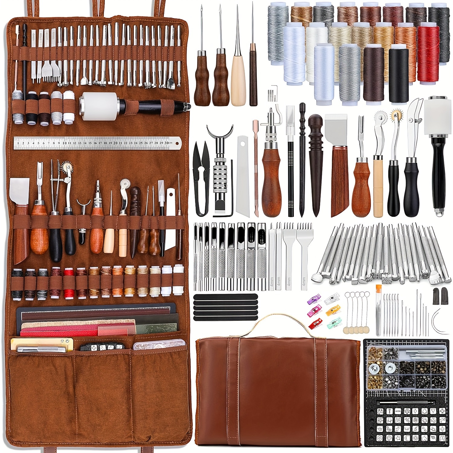 

Leather Working Kit With Custom Handbag Engraving Punching Cutting Mats Nylon Hammer Sewing Thread Stamping Sanding Tools Leather Tools For Leather Working Professional