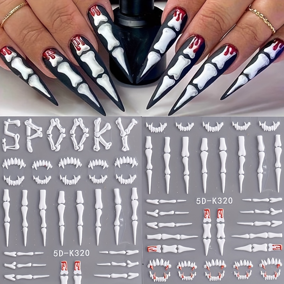 

Spooky 5d Skeleton Hand Halloween Nail Art Stickers Decals - Plastic Self-adhesive Glossy Cartoon Themed Embellishments With Glitter, Rectangle Shape, Single Use - Pack Of 2 (5d-k320)