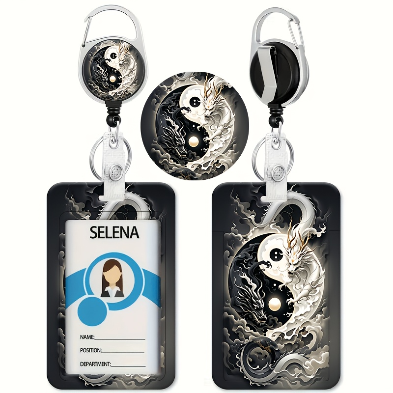 TEMU Dragon Pattern Black And Scheme, Eastern Mythology Style Printed Pattern Id. Suitable For Bus And Holders - With Retractable Id Card Holder -