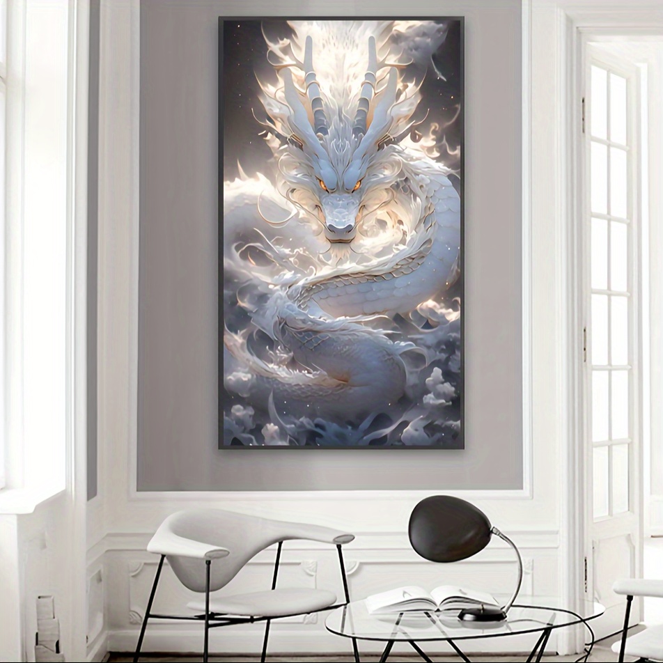 

5d Full Drill Diamond Painting Kit - Round Acrylic Diamonds Art - White Dragon Animal Theme Mosaic Embroidery Stitch Diy Craft For Home Wall Decor - 110x50cm