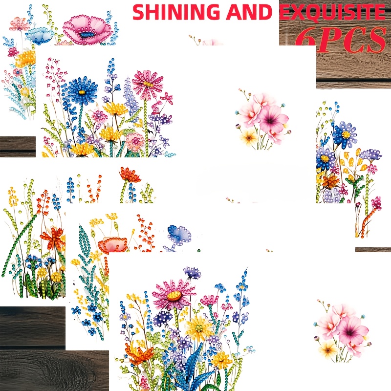 TEMU 6pcs New 2d Flat Diamond Painting Greeting Card Set - Beautiful Floral (includes 6pcs Envelopes, Diamond Packs And Tools), Perfect For Elders, ,