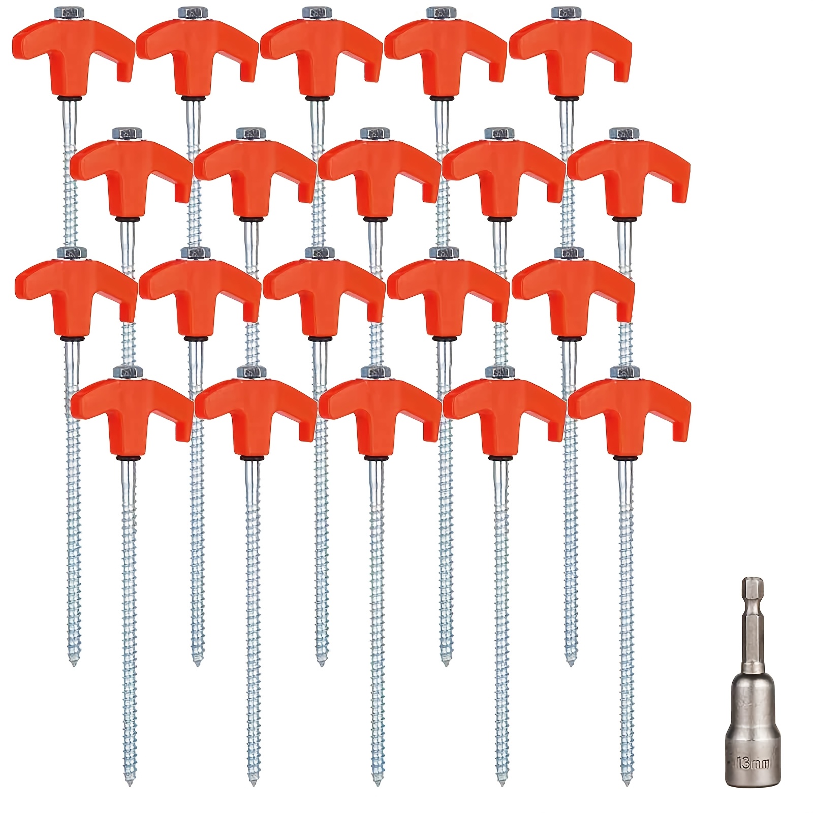 TEMU Set Of 30 Outdoor Camping Hexagonal Spiral Ground Stakes, Each 20 Cm Long, Featuring Rotatable Plastic Tops - Ideal For Securing Tents